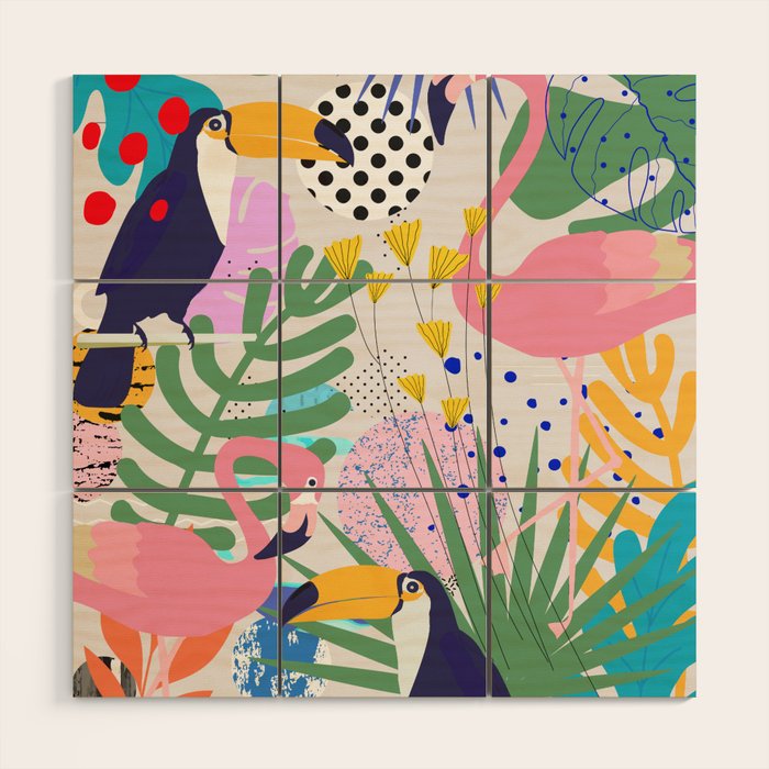 Tropical Spring | Pastel Quirky Modern Bohemian Jungle Botanical | Flamingo Palm Cockatoo Birds Wood Wall Art Gallery Image 1
