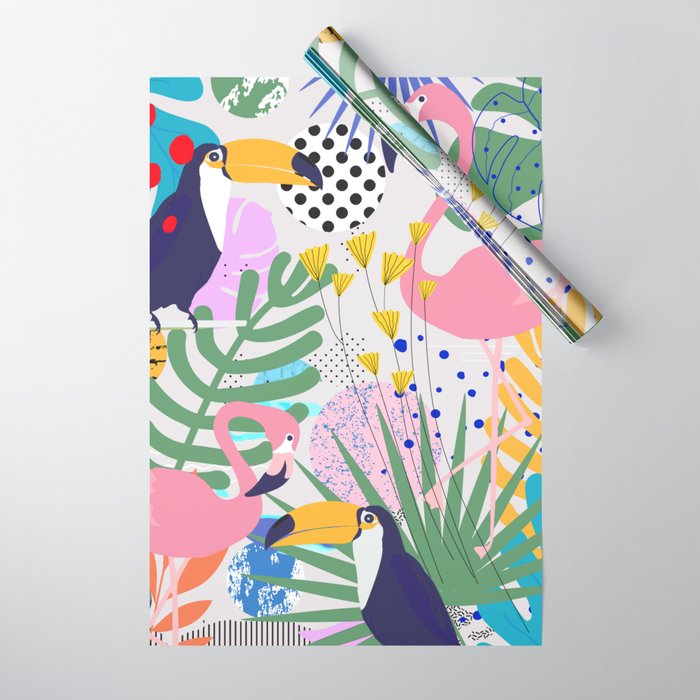 Tropical Spring | Pastel Quirky Modern Bohemian Jungle Botanical | Flamingo Palm Cockatoo Birds Wrapping Paper Gallery Image 1