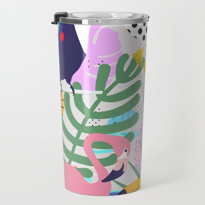 Tropical Spring | Pastel Quirky Modern Bohemian Jungle Botanical | Flamingo Palm Cockatoo Birds Travel Mug Gallery Image 3