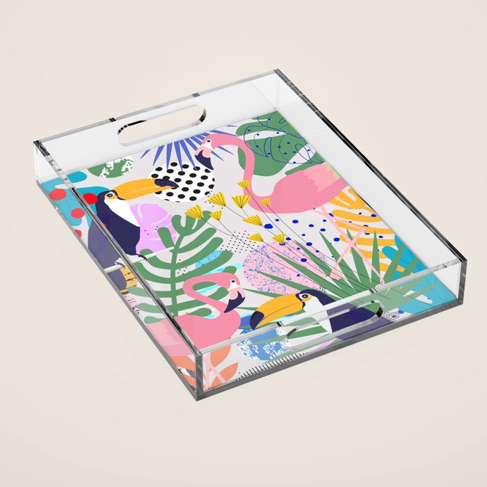 Tropical Spring | Pastel Quirky Modern Bohemian Jungle Botanical | Flamingo Palm Cockatoo Birds Acrylic Tray Gallery Image 1