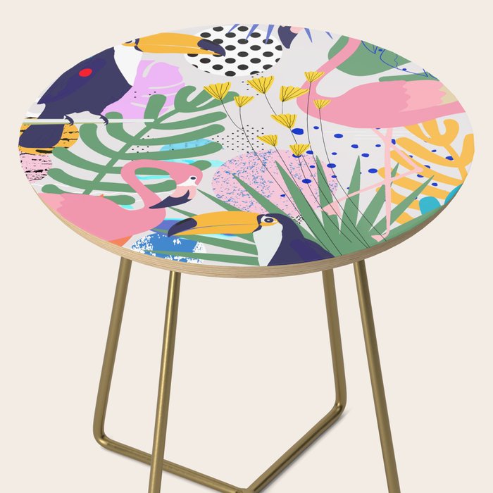 Tropical Spring | Pastel Quirky Modern Bohemian Jungle Botanical | Flamingo Palm Cockatoo Birds Side Table Gallery Image 2