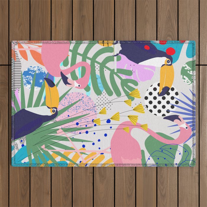 Tropical Spring | Pastel Quirky Modern Bohemian Jungle Botanical | Flamingo Palm Cockatoo Birds Outdoor Rug Gallery Image 1