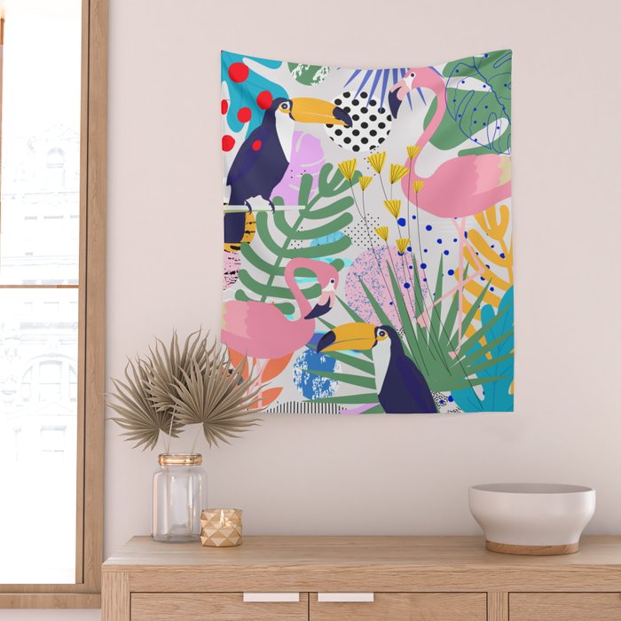 Tropical Spring | Pastel Quirky Modern Bohemian Jungle Botanical | Flamingo Palm Cockatoo Birds Wall Tapestry Gallery Image 2