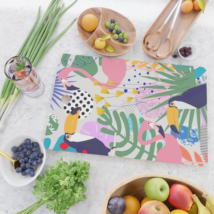 Tropical Spring | Pastel Quirky Modern Bohemian Jungle Botanical | Flamingo Palm Cockatoo Birds Cutting Board Gallery Image 2