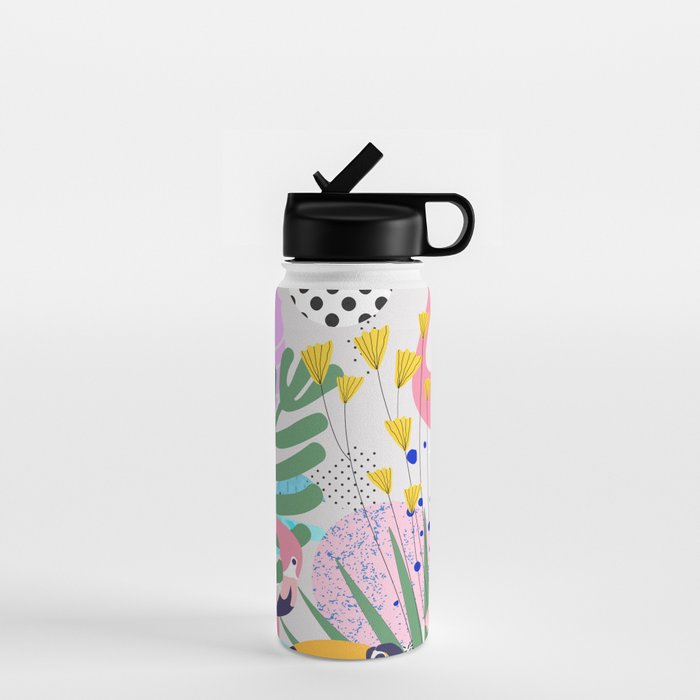 Tropical Spring | Pastel Quirky Modern Bohemian Jungle Botanical | Flamingo Palm Cockatoo Birds Water Bottle Gallery Image 1