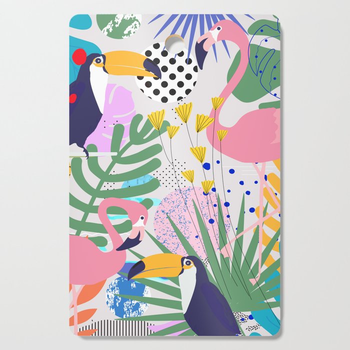 Tropical Spring | Pastel Quirky Modern Bohemian Jungle Botanical | Flamingo Palm Cockatoo Birds Cutting Board Gallery Image 1