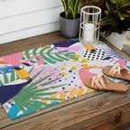 Tropical Spring | Pastel Quirky Modern Bohemian Jungle Botanical | Flamingo Palm Cockatoo Birds Outdoor Rug Gallery Image 2