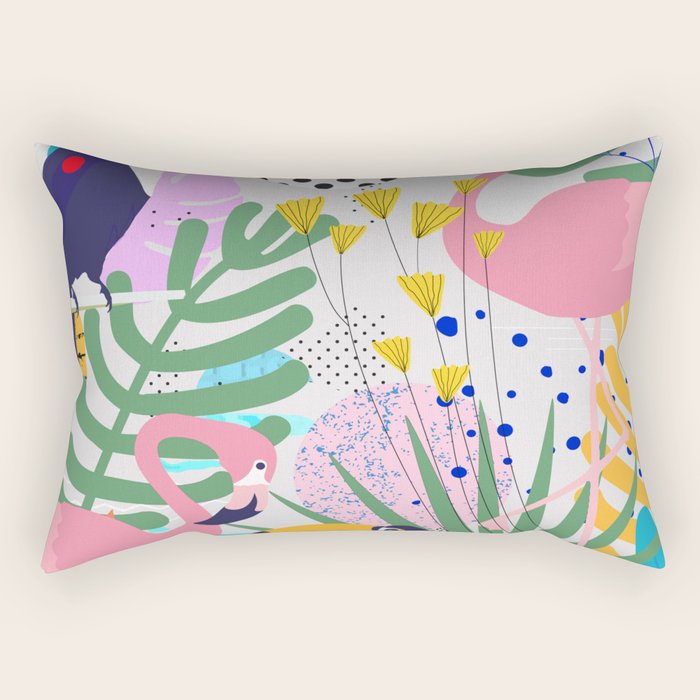 Tropical Spring | Pastel Quirky Modern Bohemian Jungle Botanical | Flamingo Palm Cockatoo Birds Rectangular Pillow Gallery Image 2