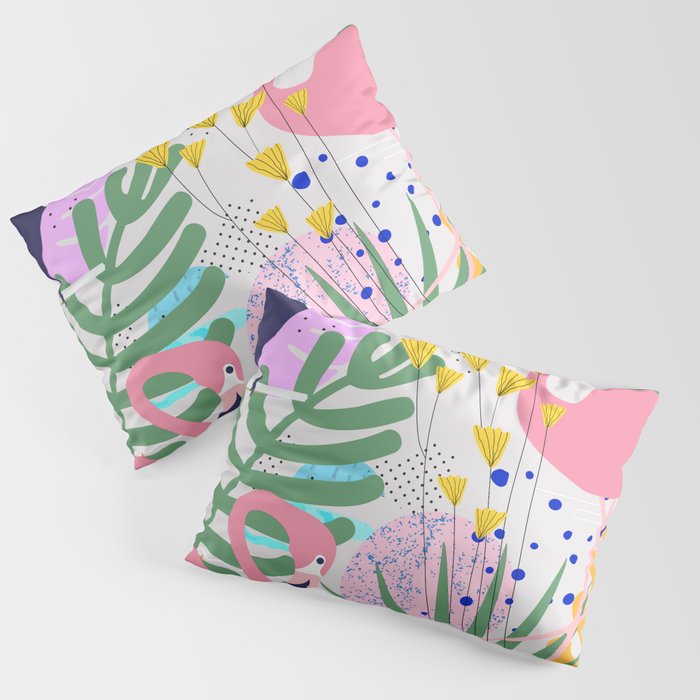 Tropical Spring | Pastel Quirky Modern Bohemian Jungle Botanical | Flamingo Palm Cockatoo Birds Pillow Sham Gallery Image 1
