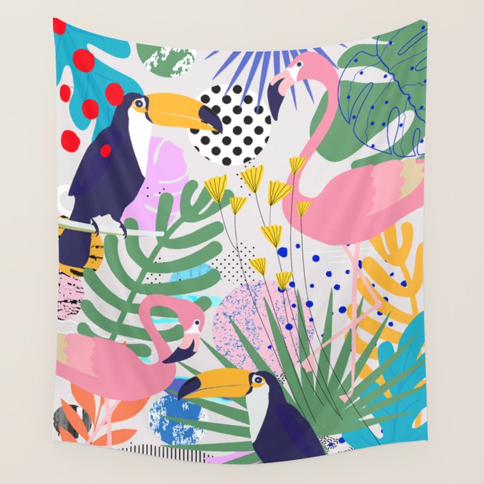 Tropical Spring | Pastel Quirky Modern Bohemian Jungle Botanical | Flamingo Palm Cockatoo Birds Wall Tapestry Gallery Image 4