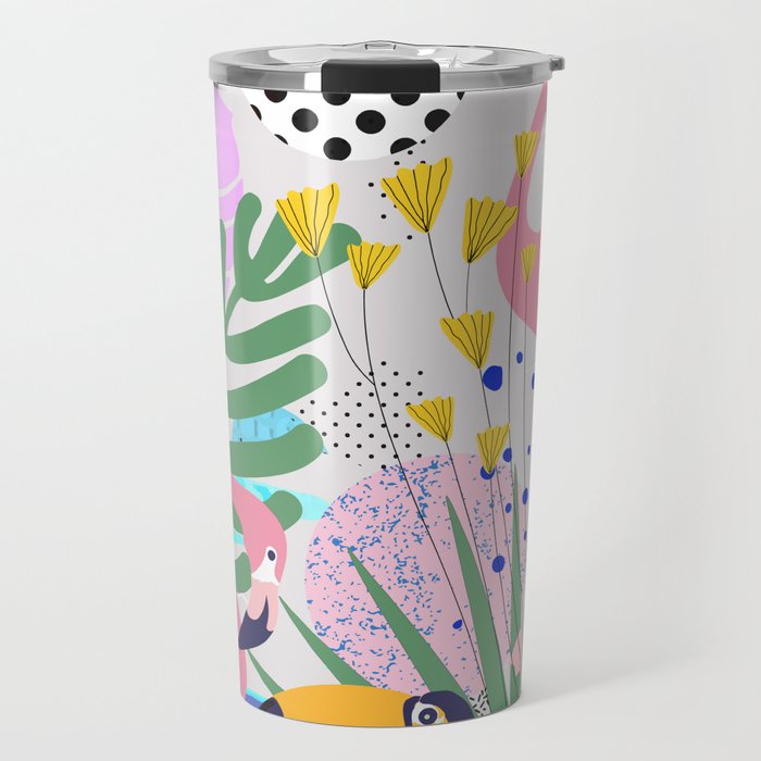 Tropical Spring | Pastel Quirky Modern Bohemian Jungle Botanical | Flamingo Palm Cockatoo Birds Travel Mug Gallery Image 1