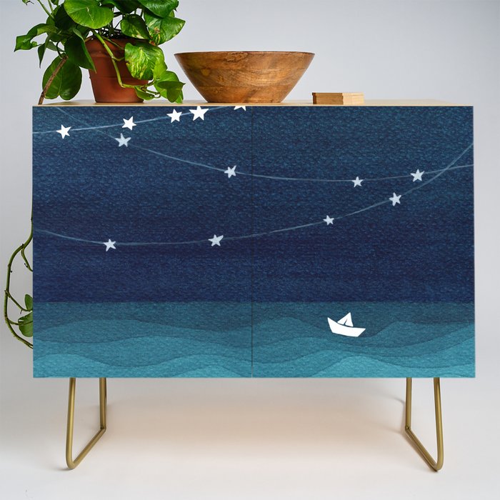 Garlands of stars, watercolor teal ocean Credenza Gallery Image 1