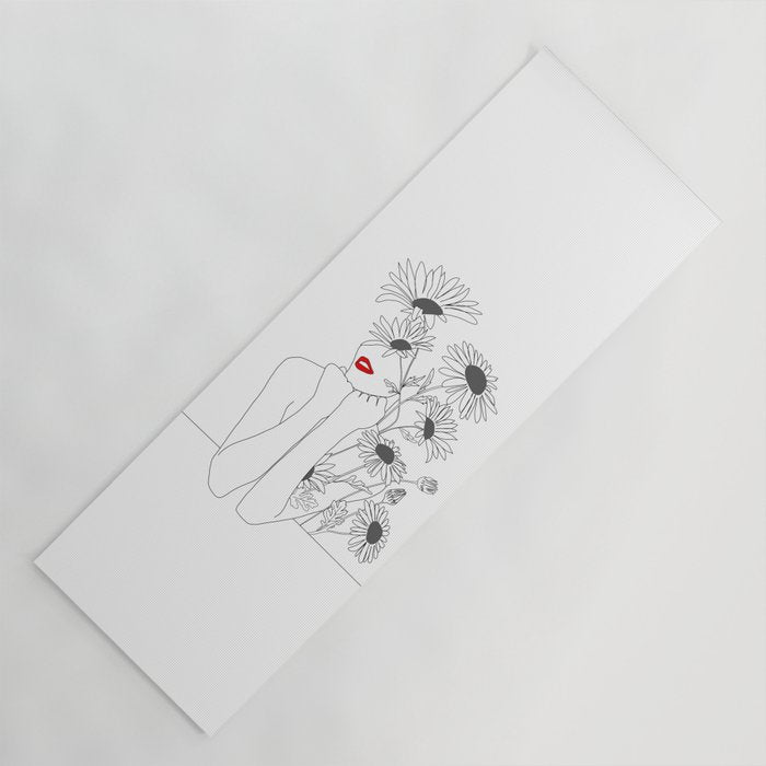 Minimal Line Art Girl with Sunflowers Yoga Mat Gallery Image 1