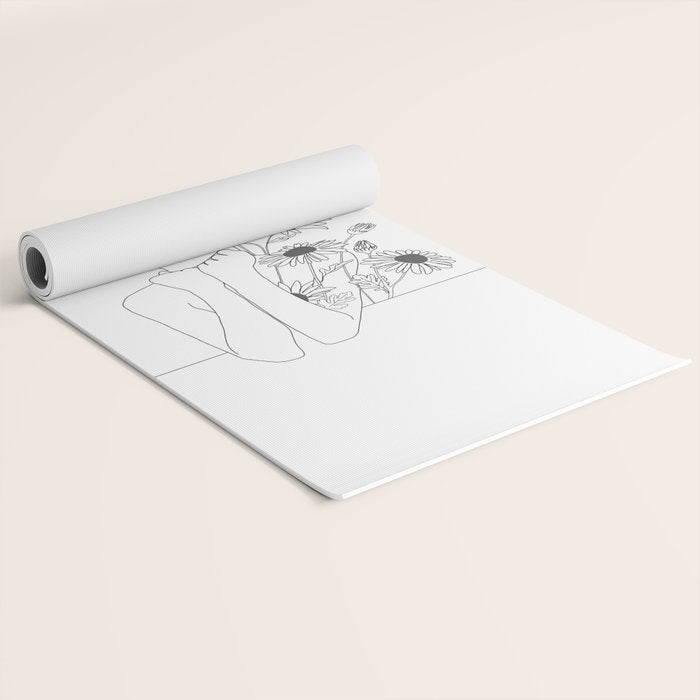 Minimal Line Art Girl with Sunflowers Yoga Mat Gallery Image 2