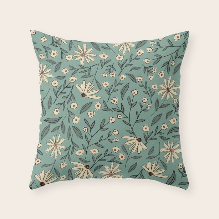 Vintage Floral Neutral - Green Throw Pillow Gallery Image 1