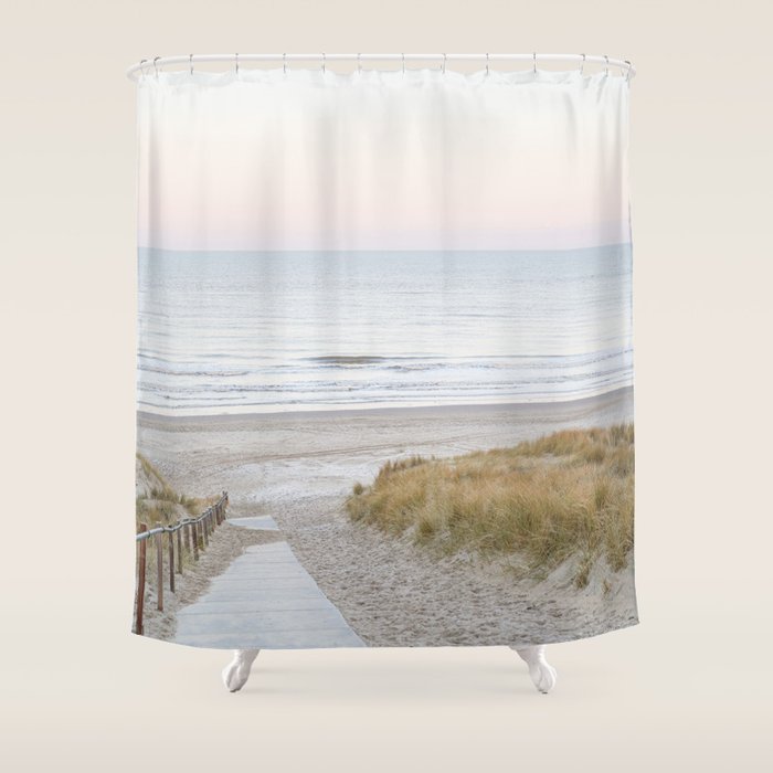 Beach Walk At Sunrise Photo | Dutch Coast Travel Photography Art Print | Egmond Aan Zee Holland In Pastel Colors Shower Curtain Gallery Image 1