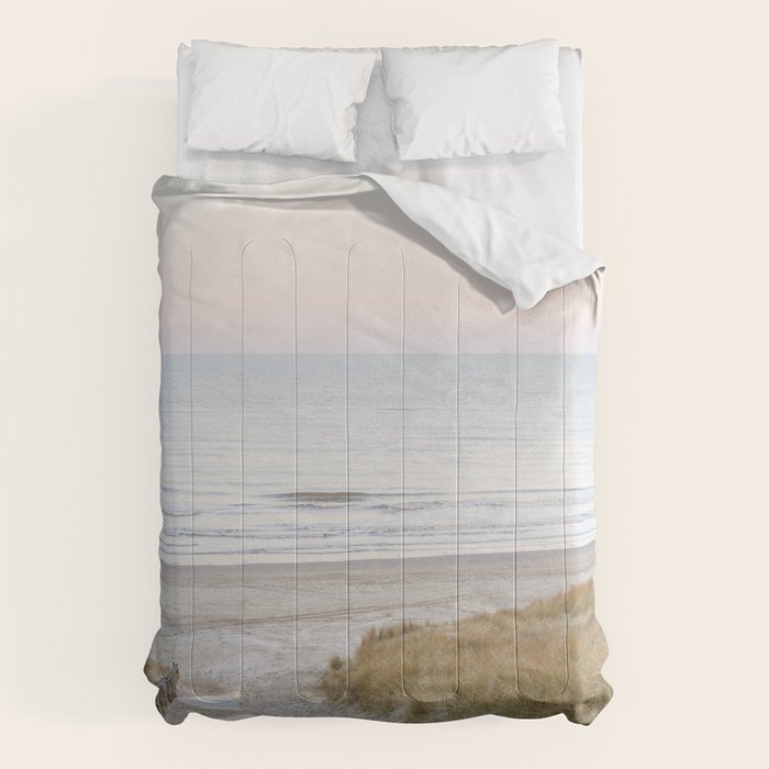 Beach Walk At Sunrise Photo | Dutch Coast Travel Photography Art Print | Egmond Aan Zee Holland In Pastel Colors Comforter Gallery Image 1