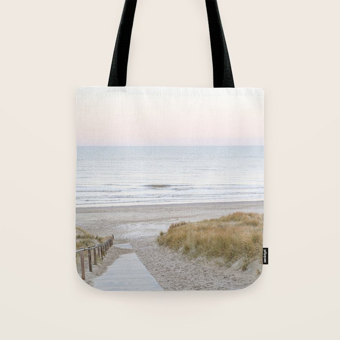 Beach Walk At Sunrise Photo | Dutch Coast Travel Photography Art Print | Egmond Aan Zee Holland In Pastel Colors Tote Bag Gallery Image 1