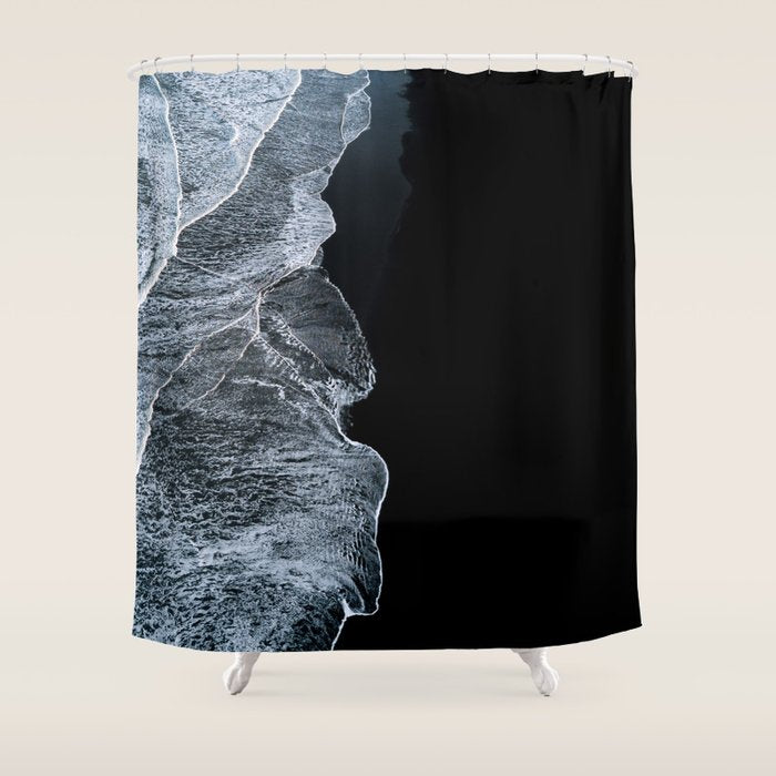 Waves on a black sand beach in iceland - minimalist Landscape Photography Shower Curtain Gallery Image 1