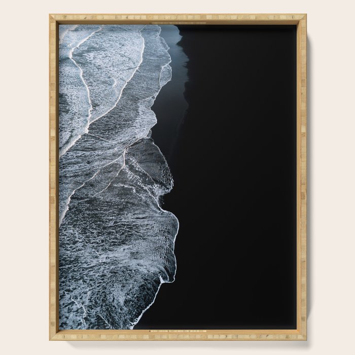 Waves on a black sand beach in iceland - minimalist Landscape Photography Serving Tray Gallery Image 1