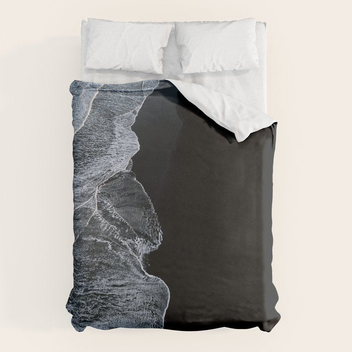 Waves on a black sand beach in iceland - minimalist Landscape Photography Duvet Cover Gallery Image 1