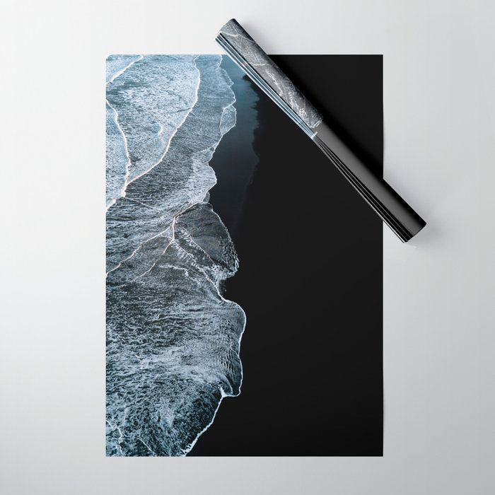 Waves on a black sand beach in iceland - minimalist Landscape Photography Wrapping Paper Gallery Image 1