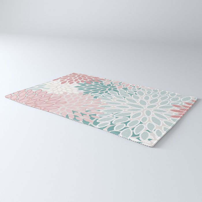 Floral Bloom, Teal, Green, Pink and White Rug Gallery Image 3