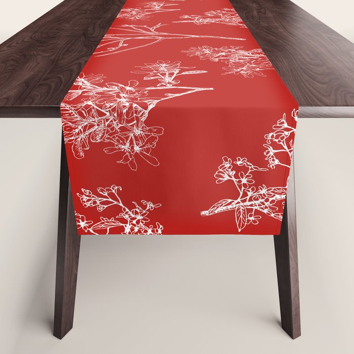 Botanical Cottage Floral Pattern in Red and White Table Runner Gallery Image 1