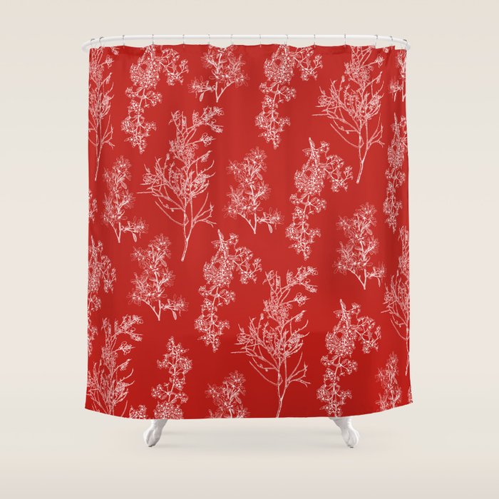 Botanical Cottage Floral Pattern in Red and White Shower Curtain Gallery Image 1