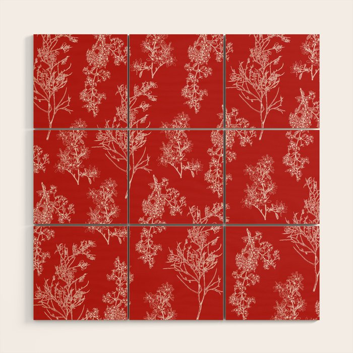 Botanical Cottage Floral Pattern in Red and White Wood Wall Art Gallery Image 1