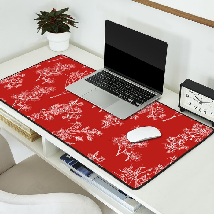 Botanical Cottage Floral Pattern in Red and White Desk Mat Gallery Image 2
