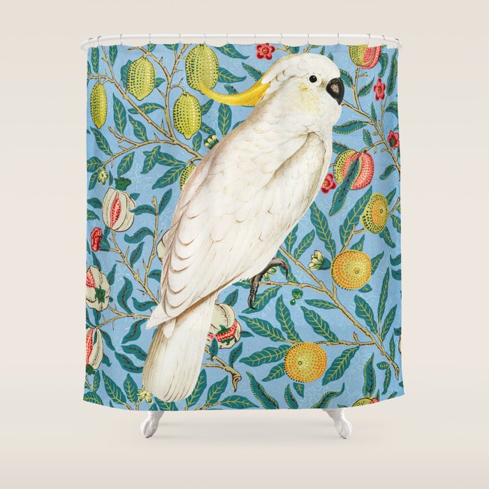 Tropical Cockatoo Bird on Antique William Morris Four Fruits Pattern Shower Curtain Gallery Image 1