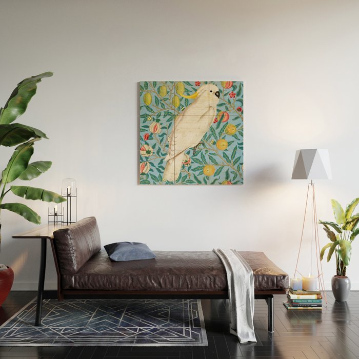 Tropical Cockatoo Bird on Antique William Morris Four Fruits Pattern Wood Wall Art Gallery Image 2