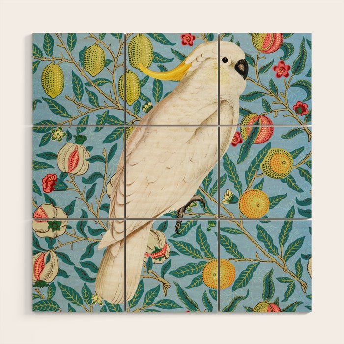 Tropical Cockatoo Bird on Antique William Morris Four Fruits Pattern Wood Wall Art Gallery Image 1