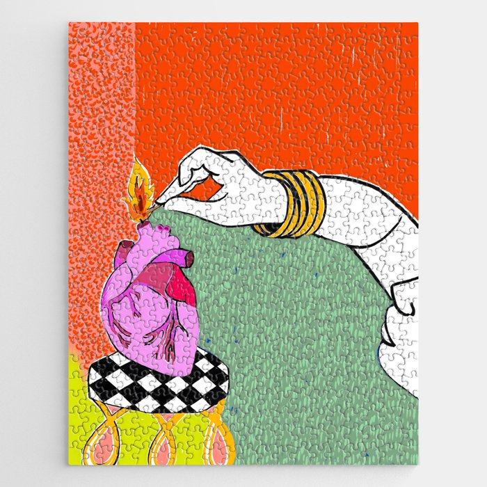 Set My Heart On Fire, Abstract Quirky Maximalist Eclectic, Maximalism Bold Pop of Color Painting, Illustration Pop Art Love  Jigsaw Puzzle Gallery Image 1