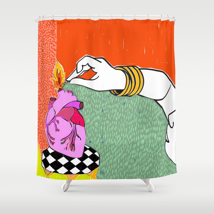 Set My Heart On Fire, Abstract Quirky Maximalist Eclectic, Maximalism Bold Pop of Color Painting, Illustration Pop Art Love  Shower Curtain Gallery Image 1