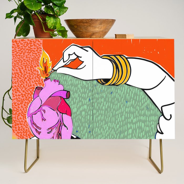 Set My Heart On Fire, Abstract Quirky Maximalist Eclectic, Maximalism Bold Pop of Color Painting, Illustration Pop Art Love  Credenza Gallery Image 1
