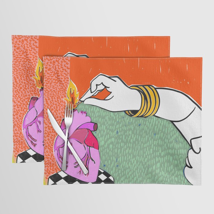 Set My Heart On Fire, Abstract Quirky Maximalist Eclectic, Maximalism Bold Pop of Color Painting, Illustration Pop Art Love  Placemat Gallery Image 1