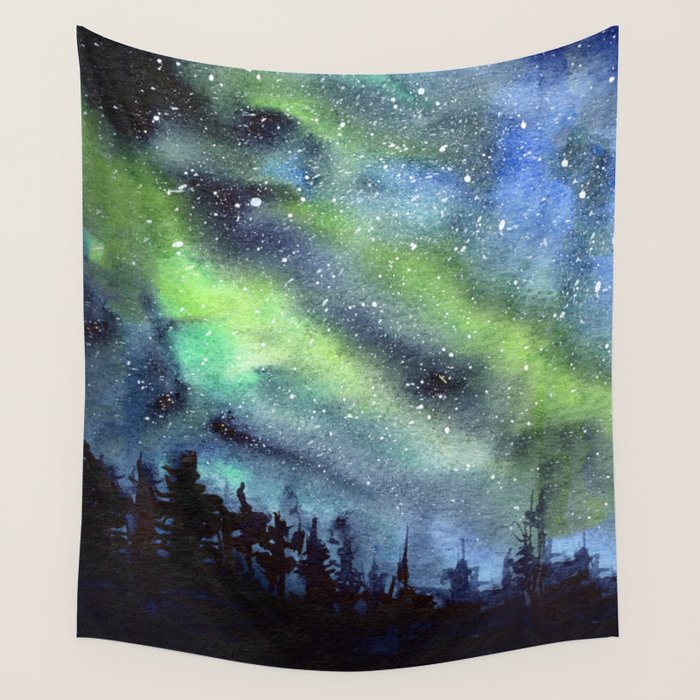 Galaxy Nebula Watercolor Northern Lights Aurora Borealis Wall Tapestry Gallery Image 4