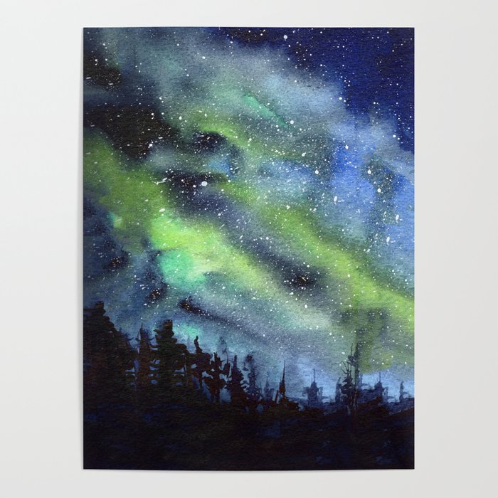 Galaxy Nebula Watercolor Northern Lights Aurora Borealis Poster Gallery Image 4