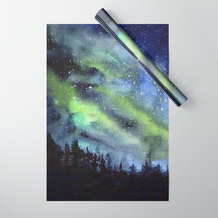 Galaxy Nebula Watercolor Northern Lights Aurora Borealis Wrapping Paper Gallery Image 1