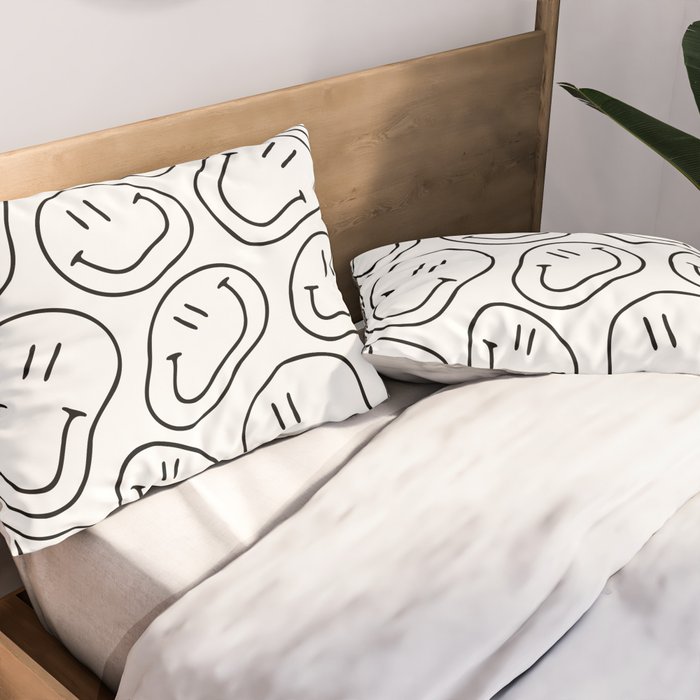 Black and white happy smiling face cartoon pattern Pillow Sham Gallery Image 2
