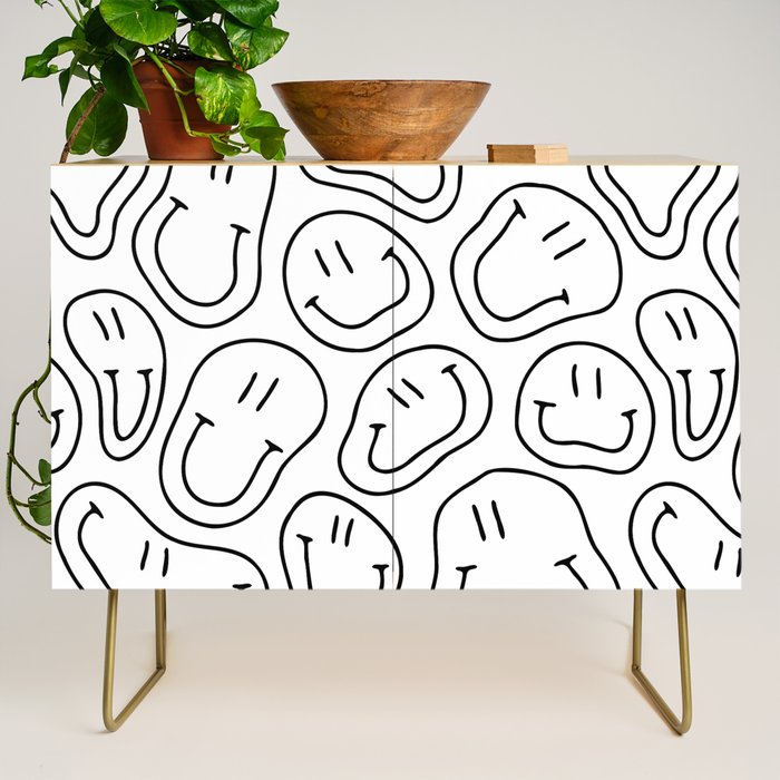 Black and white happy smiling face cartoon pattern Credenza Gallery Image 1