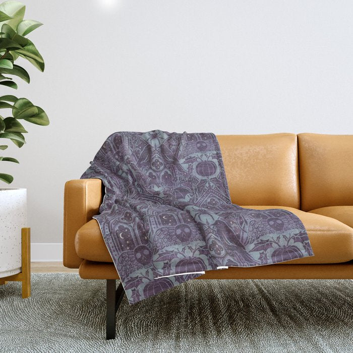 Gothic Halloween Damask - moonlight violet  Throw Blanket Gallery Image 1