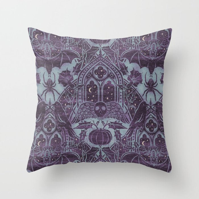Gothic Halloween Damask - moonlight violet  Throw Pillow Gallery Image 1