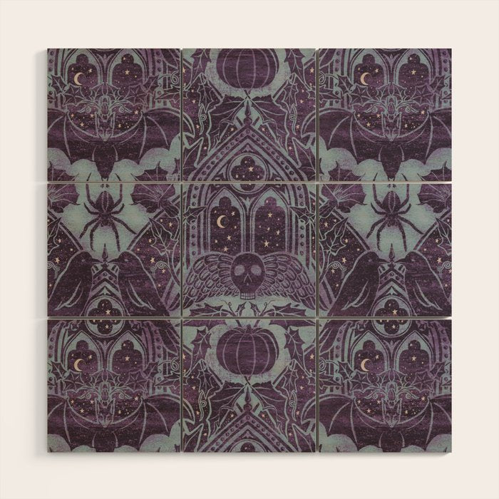 Gothic Halloween Damask - moonlight violet  Wood Wall Art Gallery Image 1