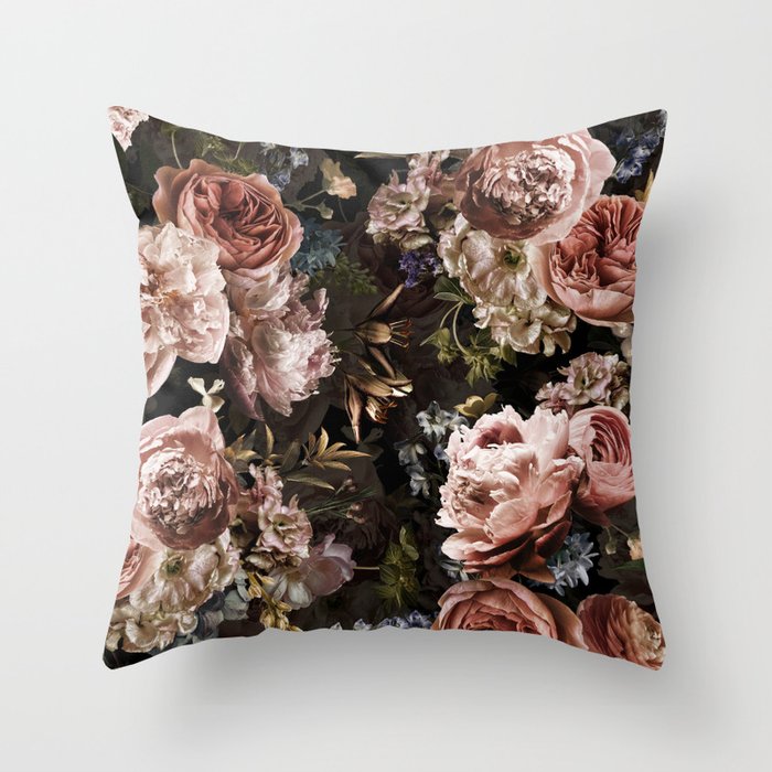Vintage & Shabby Chic- Real Roses And Peonies Lush Midnight Flowers Botanical Garden Throw Pillow Gallery Image 6