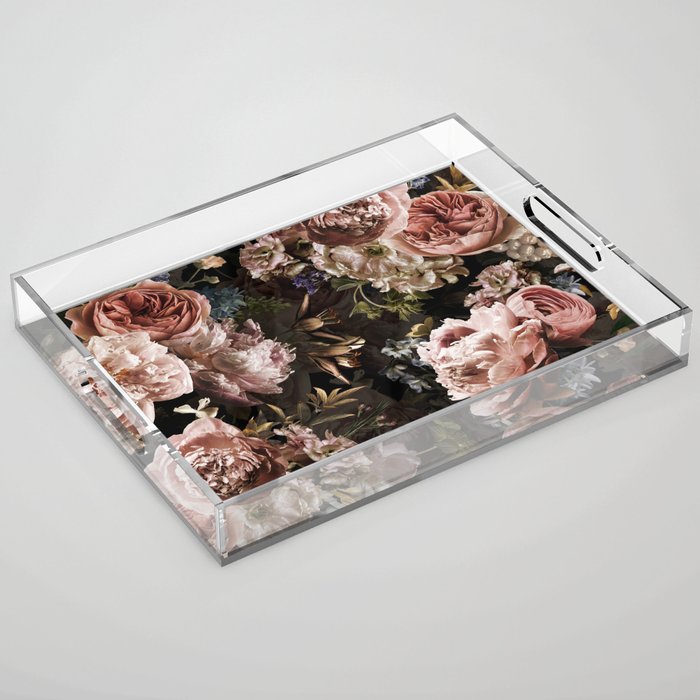 Vintage & Shabby Chic- Real Roses And Peonies Lush Midnight Flowers Botanical Garden Acrylic Tray Gallery Image 1