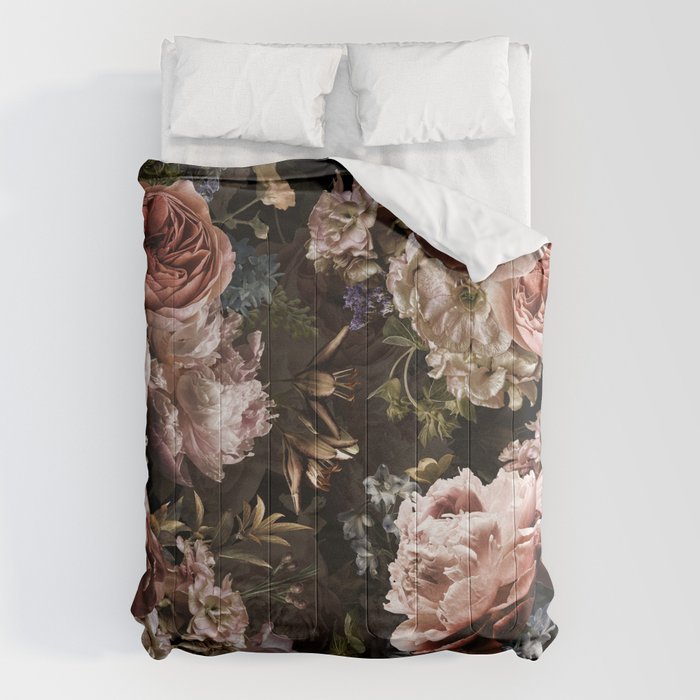 Vintage & Shabby Chic- Real Roses And Peonies Lush Midnight Flowers Botanical Garden Comforter Gallery Image 1