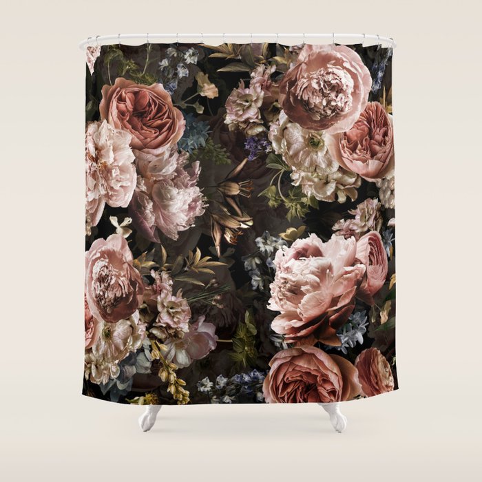 Vintage & Shabby Chic- Real Roses And Peonies Lush Midnight Flowers Botanical Garden Shower Curtain Gallery Image 1